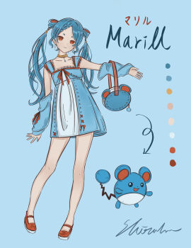 1girl bag blue_dress braid breasts choker color_guide creature_and_personification detached_sleeves dress gen_2_pokemon handbag highres looking_at_viewer marill nintendo personification pokemon pokemon_(creature) red_eyes red_shoes sh1zuku_ix shoes small_breasts standing twintails