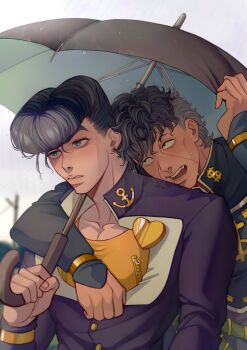 2boys absurdres arm_around_neck black_eyes black_hair blue_eyes blurry blurry_background commentary diamond_wa_kudakenai earrings english_commentary fang grey_hair head_on_another's_shoulder higashikata_josuke highres holding holding_umbrella idinahui_pls jewelry jitome jojo_no_kimyou_na_bouken long_sleeves looking_ahead looking_at_another looking_to_the_side male_focus messy_hair multicolored_hair multiple_boys nijimura_okuyasu open_mouth outdoors pompadour rain umbrella upper_body water_drop wet wet_hair zipper
