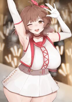1girl absurdres ahoge armpits arms_up audience bare_shoulders bow breasts brown_eyes brown_hair elbow_gloves gakuen_idolmaster gloves glowstick hair_bow hair_bun hanami_ume hand_over_face heart highres idolmaster jacket large_breasts legs_together multicolored_jacket multicolored_skirt nakata_gorori one_eye_closed open_mouth red_bow red_trim shirt side_bun skirt smile solo_focus steam sweat thick_thighs thighs waving white_gloves white_jacket white_shirt white_skirt