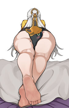 Rule 34 | 1girl, ^^^, absurdres, ass, bangboo (zenless zone zero), bare legs, barefoot, bed, between thighs, black shorts, blush, commentary, facing away, feet, foot focus, from behind, full body, grey hair, half updo, highres, jacket, kneepits, legs, long hair, on bed, paid reward available, ring hair ornament, safety (zenless zone zero), short shorts, shorts, simple background, soles, suna0964, toes, variant set, very long hair, white background, yellow jacket, yixuan (zenless zone zero), zenless zone zero