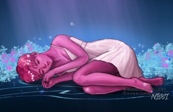 1girl artist_name barefoot blue_background breasts cleavage colored_skin commentary dress english_commentary facing_viewer full_body highres lore_olympus lying medium_breasts n-i-s-s-i on_side persephone_(lore_olympus) petals pink_hair pink_skin short_hair sleeping solo white_dress