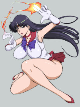 armpits bad_anatomy bishoujo_senshi_sailor_moon black_hair bow bowtie breasts brooch collarbone fire gem grey_background groin high_heels highres hino_rei jewelry large_breasts lento_(glamour_works) long_hair miniskirt ofuda open_mouth pleated_skirt purple_bow purple_bowtie purple_eyes pyrokinesis red_gemstone red_shoes red_skirt sailor_mars shoes simple_background skin_tight skirt swept_bangs thick_thighs thighs