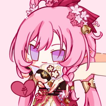 1girl 1other bell blush_stickers chinese_commentary commentary_request dress elf elysia_(herrscher_of_human:_ego)_(honkai_impact) elysia_(honkai_impact) elysia_(peachy_spring)_(honkai_impact) flower hair_bell hair_flower hair_ornament heart holding_chibi honkai_(series) honkai_impact_3rd ling280945 long_hair official_alternate_costume pink_hair pointy_ears purple_eyes red_dress simple_background very_long_hair