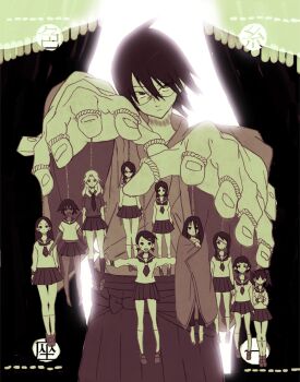 00s 1boy 6+girls bandages everyone fujiyoshi_harumi fuura_kafuka hitou_nami itoshiki_nozomu kimura_kaere kitsu_chiri kobushi_abiru komori_kiri marionette mayuge1017 monochrome multiple_girls otonashi_meru puppet puppet_strings rope rope_marks sayonara_zetsubou_sensei sekiutsu_maria_tarou strangulation_mark string tsunetsuki_matoi