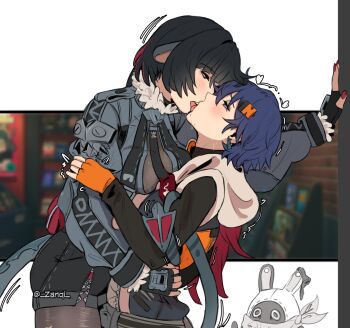 2girls absurdres animal_ears bangboo_(zenless_zone_zero) belle_(zenless_zone_zero) black_hair blue_hair blush commentary english_commentary eous_(zenless_zone_zero) french_kiss hair_ornament highres jane_doe_(zenless_zone_zero) kiss letter_hair_ornament mouse_ears mouse_girl mouse_tail multiple_girls tail trembling yuri zanqi zenless_zone_zero