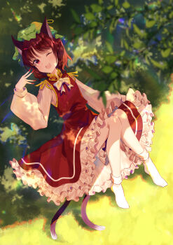 1girl :d absurdres bloomers blush bow bowtie branch brown_hair cat_girl cat_tail chen collared_vest earrings frilled_skirt frills green_hat hat highres jewelry leaf long_sleeves mob_cap multiple_tails nail_polish nettian51 no_shoes one_eye_closed open_mouth red_eyes red_nails red_skirt red_vest shade shirt short_hair single_earring sitting skirt smile socks solo tail teeth touhou two_tails underwear upper_teeth_only vest white_bow white_bowtie white_shirt white_socks