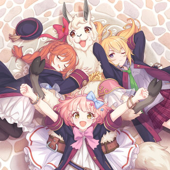 Rule 34 | 4girls, album cover, armor, arms up, belt buckle, black choker, black jacket, blonde hair, blue bow, blush, bow, bowtie, bracelet, braid, brown eyes, buckle, chieru (princess connect!), chloe (princess connect!), choker, closed eyes, closed mouth, collared shirt, cover, crown braid, cygames, drooling, friendship club (princess connect!), frown, furry, furry female, green necktie, grey shirt, hair between eyes, hair bow, hair ornament, highres, jacket, jewelry, lima (princess connect!), llama girl, long hair, long sleeves, looking at viewer, low ponytail, lying, multiple girls, necktie, official art, on back, on side, one eye closed, open clothes, open jacket, open mouth, orange hair, outstretched arms, pink armor, pink bow, pink bowtie, pink hair, ponytail, princess connect!, purple eyes, saliva, school uniform, shirt, short hair, short sleeves, sleeping, sleeves past wrists, smile, st. theresa's girls academy school uniform, star (symbol), star hair ornament, wing collar, yuni (princess connect!)