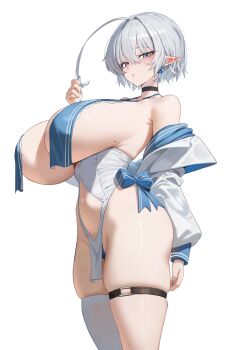 1girl absurdres ahoge anima_(togashi) bare_shoulders black_choker blue_eyes blue_nails blush breast_curtains breasts choker clothing_cutout commentary earrings elf highres huge_breasts jewelry long_sleeves looking_at_viewer mole mole_on_breast mole_under_eye nail_polish naofilia_(anima) navel navel_cutout off_shoulder original parted_lips pelvic_curtain pointy_ears short_hair simple_background single_thighhigh solo standing symbol-only_commentary thigh_strap thighhighs thighs white_background white_hair white_thighhighs