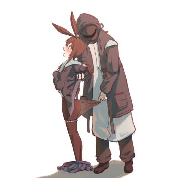 10_shii 1girl 1other ambiguous_gender amiya_(arknights) animal_ears arknights artist_name black_coat black_jacket blue_eyes blush brown_hair clothes_pull coat commentary doctor_(arknights) english_commentary from_side hair_between_eyes highres hood hood_up hooded_coat hooded_jacket jacket long_hair long_sleeves looking_down pantyhose pantyhose_pull ponytail rabbit_ears rabbit_girl simple_background skirt skirt_around_ankles unworn_skirt white_background