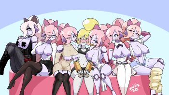 blonde_hair blush bow breasts dress glasses gothic_punk hair_bow hair_over_one_eye hands_on_lap jewelry joints large_breasts multiple_girls nipples original pink_hair ponytail robot robot_girl robot_joints shorts skirt small_breasts thighhighs zedrin