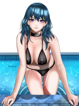 1girl absurdres alternate_costume armpits bare_shoulders bikini black_bikini black_choker blue_eyes blue_hair blush breasts choker cleavage closed_mouth collarbone covered_erect_nipples female_byleth_(fire_emblem) fire_emblem fire_emblem:_three_houses highres langspower large_breasts long_hair looking_at_viewer navel nintendo pool sideboob smile solo stomach swimsuit thighs water wet