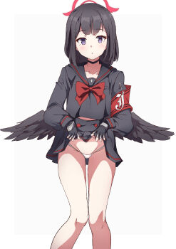 1girl armband black_choker black_gloves black_hair black_shirt black_skirt black_wings blue_archive blush bow choker clothes_lift feathered_wings fingerless_gloves gloves halo low_wings mashiro_(blue_archive) medium_hair panties panty_peek purple_eyes red_bow school_uniform shirt skirt skirt_lift solo standing thigh_gap to_(tototo_tk) underwear white_background white_panties wings