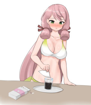 1girl absurdres akashi_(kancolle) akashi_(swimsuit)_(kancolle) bare_shoulders bikini blunt_tresses blush breasts cleavage collarbone commentary_request drink drugs gradient_bikini green_eyes hair_ribbon hand_on_table highres kantai_collection large_breasts long_hair love_potion maru_(marg0613) mixing navel official_alternate_costume parted_lips pink_hair ribbon simple_background solo stomach swimsuit table tress_ribbon very_long_hair white_background