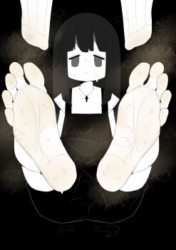 1girl absurdres barefoot feet feet_up highres long_hair looking_at_viewer monochrome nadou_wei_qeq original smell soles steam sweat toes