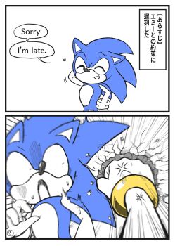 2koma :o amy_rose anger_vein angry apologizing blue_fur blue_hair bracelet comic dated gloves haritamaball hedgehog highres jewelry nervous nervous_smile pov punching scared sega smile sonic_(series) sonic_the_hedgehog spiked_hair surprised sweat sweatdrop