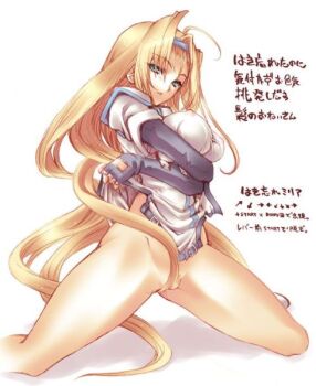 1girl arc_system_works blonde_hair bottomless breasts female_focus guilty_gear kneeling millia_rage no_panties solo spread_legs uguisu_kagura white_background
