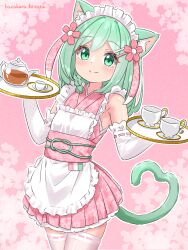 Rule 34 | 1girl, absurdres, animal ear fluff, animal ears, apron, blush, braid, cat ears, cat girl, cat tail, closed mouth, cup, elbow gloves, floral print, flower, frilled apron, frills, gloves, green eyes, green hair, hair flower, hair ornament, hairclip, hazakura hinata, highres, holding, holding tray, japanese clothes, kimono, looking at viewer, maid, maid headdress, obi, original, pink background, pink flower, pink kimono, ribbon trim, sash, sleeveless, sleeveless kimono, smile, solo, tail, teacup, teapot, thighhighs, tray, variant set, white apron, white thighhighs