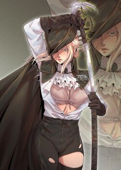 1girl ascot blonde_hair bloodborne breasts cape chuckuddin commentary english_commentary gem gloves hat hat_feather highres holding holding_weapon lady_maria_of_the_astral_clocktower long_hair looking_at_viewer ponytail rakuyo_(bloodborne) solo sword tricorne underwear weapon white_hair