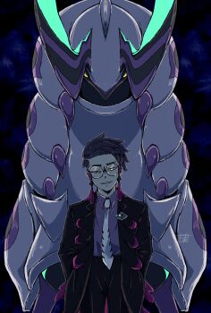 1boy antennae armor black-framed_eyewear black_hair black_jacket black_pants bug centipede collared_shirt colored_sclera corbeau_(pokemon) eyewear_strap gen_5_pokemon glasses hands_in_pockets highres horns jacket long_sleeves looking_at_viewer mega_pokemon mega_scolipede mega_stone necktie nintendo open_clothes open_jacket pants parted_hair parted_lips pokemon pokemon_(creature) pokemon_legends:_z-a purple_hair purple_shirt round_eyewear scolipede shirt short_hair short_sideburns smile undercut urushi_(urushix_7) white_necktie yellow_eyes yellow_sclera