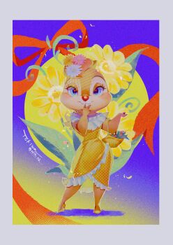 Rule 34 | 1girl, absurdres, alternate costume, blue eyes, chipmunk ears, chipmunk girl, clarice (disney), closed mouth, disney, dress, eyelashes, flower, full body, highres, looking at viewer, mickey mouse &amp; friends, rl10 02, signature, smile, solo, tagme, yellow dress