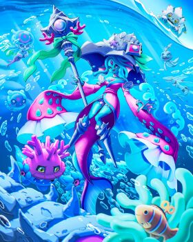 Rule 34 | 2girls, ariemon, black sclera, blue hair, blue skin, chinese commentary, colored sclera, colored skin, commentary request, digimon, digimon (creature), forehead jewel, full body, gammamon, highres, holding, holding staff, isei0212, japanese clothes, jellymon, kimono, multiple girls, nail polish, open mouth, pink eyes, pink kimono, pukamon, puyoyomon, sharp teeth, solo focus, staff, teeth, underwater