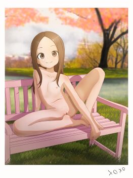 1girl artpaca barefoot bench blurry blurry_background brown_eyes brown_hair censored cleft_of_venus closed_mouth collarbone completely_nude day feet flat_chest forehead grass karakai_jouzu_no_takagi-san legs loli long_hair looking_at_viewer mosaic_censoring navel nipples nude outdoors parted_bangs pussy sitting smile solo spread_legs takagi-san toes tree