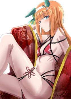 1girl absurdres alumina_(kennmeidesu) animal_ears arm_support bikini blue_eyes blush breasts commentary_request cosplay feet_out_of_frame floral_background floral_print flower hair_ornament hairband highres horse_ears horse_girl japanese_clothes kimono kurosawa_dia kurosawa_dia_(cosplay) kurosawa_dia_(dengeki_g's_poster_swimsuit) legs long_hair looking_at_viewer love_live! love_live!_sunshine!! multi-strapped_bikini_bottom multi-strapped_bikini_top navel on_floor orange_hair print_bikini print_kimono red_bikini red_kimono ribs silence_suzuka_(umamusume) simple_background sitting skinny small_breasts smile solo stomach swimsuit thigh_strap thighs umamusume white_background white_hairband