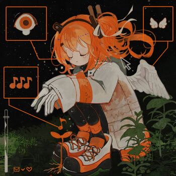 1girl a.i._voice adachi_rei arms_on_knees black_pantyhose boots closed_eyes closed_mouth crying cursor floating_hair full_body gloves headlamp highres jacket li04r long_sleeves medium_hair musical_note one_side_up orange_eyes orange_hair pantyhose plant radio_antenna solo sparkle sprout squatting star_(symbol) utau white_gloves white_jacket wings