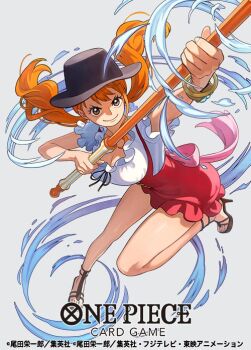 Rule 34 | 1girl, black hat, bracelet, commentary request, copyright name, curvy, dress, earrings, eyelashes, floating hair, full body, hat, high heels, holding, holding staff, holding weapon, jewelry, jumping, log pose, long hair, looking at viewer, low twintails, nami (one piece), nami (one piece) (whole cake island), official art, one piece, one piece card game, orange eyes, orange hair, otton, pearl earrings, red dress, short sleeves, simple background, smile, solo, staff, standing, standing on one leg, twintails, weapon, wide hips