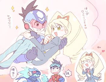 1girl 2boys blonde_hair blue_dress blue_pantyhose blush bow carrying closed_eyes commentary_request dress drill_hair eyewear_on_head geo_stelar_(mega_man) green_eyes hair_bow heart helmet imagining ishikoro1645 long_hair luna_platz_(mega_man) mega_man_(series) mega_man_star_force_(series) multiple_boys omega-xis_(mega_man) open_mouth pantyhose princess_carry red_eyes smile sparkle speech_bubble star_force_mega_man striped_clothes striped_pantyhose translation_request twin_drills