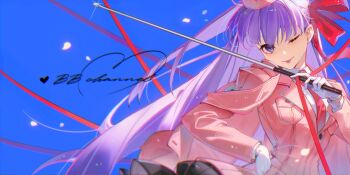 1girl bb_(fate) bb_(wada_arco_exhibition)_(fate) black_skirt blue_background blush breasts cape collared_shirt commentary dress_shirt fate/extra fate/extra_ccc fate_(series) garrison_cap gloves hair_ribbon hat jacket large_breasts long_hair long_sleeves looking_at_viewer necktie one_eye_closed pink_cape pink_hat pink_jacket pointer purple_eyes purple_hair red_ribbon ribbon shirt skirt smile solo symbol-only_commentary tongue tongue_out very_long_hair white_gloves white_shirt wide_sleeves yado_sakura