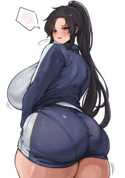 Rule 34 | 1girl, absurdres, ass, black eyes, black hair, blue archive, blue jacket, blue shorts, blush, breasts, cosplay, cowboy shot, female sensei (blue archive), from behind, hasumi (blue archive), hasumi (blue archive) (cosplay), hasumi (track) (blue archive), highres, huge breasts, jacket, long hair, looking at viewer, looking back, minori (user eket5233), open mouth, sensei (blue archive), sensei (blue archive the animation), shirt, shorts, simple background, solo, spoken blush, track jacket, white background, white shirt