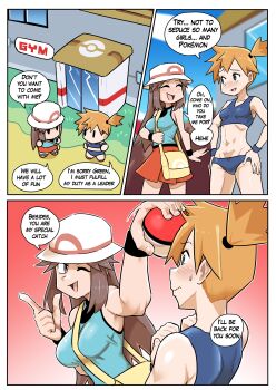 2girls absurdres blue_shirt breasts brown_eyes brown_hair bucket_hat commentary english_commentary english_text hat highres holding holding_poke_ball leaf_(pokemon) long_hair misty_(pokemon) multiple_girls nintendo open_mouth orange_hair outdoors poke_ball poke_ball_(basic) pokemon porkpie_hat red_skirt shirt short_hair side_ponytail skirt sleeveless sleeveless_shirt smile solo speech_bubble ukaya_masaru white_hat wristband yellow_bag