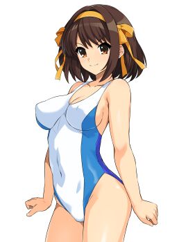 1girl absurdres breasts brown_eyes brown_hair closed_mouth collarbone commentary_request covered_erect_nipples covered_navel cowboy_shot hair_ribbon hairband haruhisky highres large_breasts medium_hair one-piece_swimsuit ribbon simple_background smile solo standing suzumiya_haruhi suzumiya_haruhi_no_yuuutsu swimsuit thighs variant_set white_background white_one-piece_swimsuit yellow_hairband yellow_ribbon
