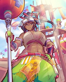 Rule 34 | 1girl, absurdres, aircraft, artist logo, artist name, belt, black hair, blue eyes, breasts, capcom, dark-skinned female, dark skin, dierelc, elbow gloves, female focus, gloves, goggles, goggles on head, highres, holding, hot air balloon, kieru (monster hunter), large breasts, logo, long hair, looking at viewer, monster hunter (series), monster hunter frontier, ponytail, smile, staff, stomach, sunlight