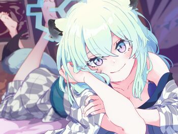 1girl animal_ear_fluff animal_ears bath_yukata blue_archive blue_halo blush breasts cleavage crossed_bangs green_eyes green_hair grey_kimono hair_between_eyes halo hand_in_own_hair hand_on_own_arm highres indoors japanese_clothes kimono looking_at_viewer lying medium_hair minami_linli multicolored_eyes nail_polish naked_kimono official_alternate_costume pink_eyes purple_eyes purple_nails sash shigure_(blue_archive) shigure_(hot_spring)_(blue_archive) smile solo statuette tail weasel_ears weasel_girl weasel_tail yukata