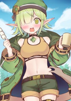 1girl @_@ absurdres aoi_(camp)_(princess_connect!) aoi_(princess_connect!) beret blunt_bangs clover_hat_ornament clover_ornament commentary_request cowboy_shot cup elf food forest green_hat green_jacket green_shorts green_sleeves hair_over_one_eye hat highres holding holding_cup jacket long_pointy_ears mani_m marshmallow nature orange_sports_bra outdoors pendant_choker pinching pointy_ears princess_connect! shorts solo_focus sports_bra