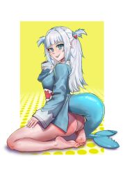 Rule 34 | 1girl, animal costume, ass, barefoot, blue eyes, feet, fins, fish tail, gawr gura, hair ornament, highres, hololive, hololive english, long hair, looking at viewer, looking back, mikexyil, open mouth, shark costume, shark girl, shark hair ornament, shark tail, sharp teeth, smile, solo, tail, tan, tanline, teeth, virtual youtuber