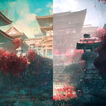absurdres architecture building cloud cloudy_sky east_asian_architecture fog grass highres huge_filesize no_humans original outdoors overgrown rope scenery shrine sky split_screen stairs stone_lantern stone_stairs stone_walkway tomo_ro torii tree