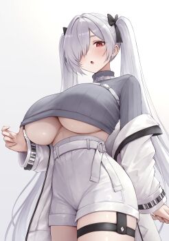 1girl absurdres blush breasts cinderella_(nikke) clothes_pull contemporary crop_top cropped_shirt goddess_of_victory:_nikke grey_shirt hair_over_one_eye hair_ribbon highres huge_breasts jacket long_hair off-shoulder_jacket off_shoulder oishicurryya one_eye_covered open_mouth red_eyes ribbon shirt shirt_pull shorts simple_background solo standing strap thigh_strap twintails underboob very_long_hair white_background white_hair white_jacket white_shorts