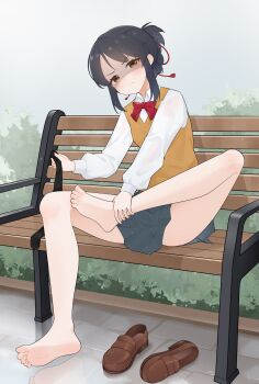 Rule 34 | 1girl, absurdres, barefoot, bench, black hair, blush, brown eyes, feet, highres, kimi no na wa., loafers, long hair, looking at viewer, miyamizu mitsuha, see-through clothes, see-through legwear, shaded face, shoes, sitting, socks, soles, toes, unworn shoes, unworn socks, wl217 (nicexa111)