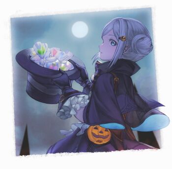 1girl alternate_costume black_capelet black_gloves black_hat black_skirt blue_sky boater_hat border candy_jar capelet frilled_gloves frills from_side full_moon gloves grey_eyes grey_hair hair_bun hair_ornament hairclip hands_up hat hat_basket highres holding holding_unworn_clothes holding_unworn_hat jack-o&#039;-lantern looking_at_viewer mmihpyy moon night night_sky profile reverse:1999 single_side_bun skirt sky solo unworn_hat unworn_headwear upper_body vertin_(reverse:1999) white_border
