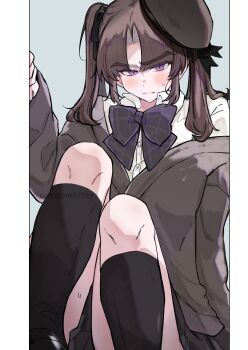 1boy absurdres ayase_ayato_(imamiya_pinoko) black_bow black_bowtie black_hat black_skirt black_socks bow bowtie brown_cardigan brown_hair cardigan closed_mouth commentary_request crossdressing crossdressing_(mtf) hat highres imamiya_pinoko kneehighs long_sleeves looking_at_viewer male_focus medium_hair original pillarboxed pleated_skirt purple_eyes school_uniform short_twintails skirt socks solo sweatdrop translation_request trap twintails