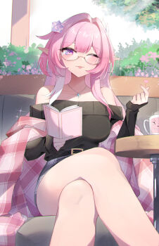 1girl ;) absurdres alternate_costume bare_shoulders black_sweater book breasts commentary crossed_legs cyrene_(honkai:_star_rail) cyrene_(ripples_of_past_reverie)_(honkai:_star_rail) elphe english_commentary grey_skirt highres holding holding_book honkai:_star_rail honkai_(series) jewelry large_breasts long_hair multicolored_hair necklace off-shoulder_sweater off_shoulder one_eye_closed pink_hair purple_eyes shawl sitting skirt smile solo sweater tongue tongue_out two-tone_hair very_long_hair white_hair