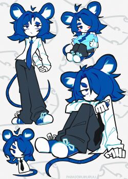 Rule 34 | 1girl, absurdres, animal ears, arm support, arms behind back, black pants, blue eyes, blue hair, blue necktie, blue shoes, blush stickers, chibi, cigarette, closed mouth, collared shirt, commentary, english commentary, hair over one eye, highres, holding, holding lighter, knees up, lighter, long sleeves, looking at viewer, mouse ears, mouse girl, mouse tail, necktie, original, pants, parasoru buruu, shirt, shoes, short hair, sitting, sneakers, solo, tail, white shirt