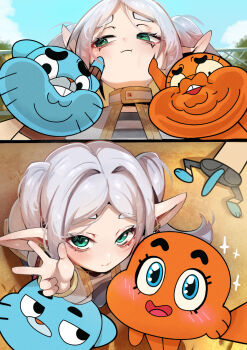 1girl 2boys :3 animahakim blue_eyes blue_fur capelet cat_boy chain-link_fence commentary_request crossover darwin_watterson elf fence fish_boy frieren from_above from_below frown furry furry_male gold_trim green_eyes grey_hair gumball_watterson hand_on_another&#039;s_cheek hand_on_another&#039;s_face hand_up long_pointy_ears looking_at_another looking_at_viewer multiple_boys parted_lips pointy_ears scene_reference selfie shirt smile sousou_no_frieren sparkling_eyes striped_clothes striped_shirt teeth the_amazing_world_of_gumball thick_eyebrows thighhighs w white_capelet