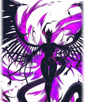 1girl breasts collarbone completely_nude demon demon_girl energy fangs fire forked_tongue gluteal_fold groin highres large_breasts linea_alba monster monster_girl navel no_hands no_mouth no_nipples no_pussy nude official_art pink_eyes pink_fire purple_fire senran_kagura senran_kagura_new_link shin_(senran_kagura) shiny_skin skeletal_wings snake snake_tail solo standing tail tongue white_background wings