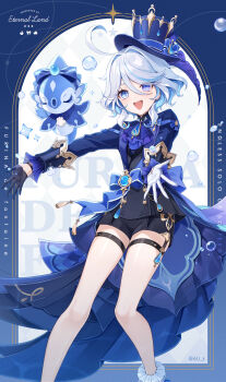 1girl 6u_(eternal_land) :d ahoge arm_up ascot back_bow black_gloves black_shirt black_shorts blue_ascot blue_bow blue_gem blue_hair blue_hat blue_jacket blue_ribbon bow brooch bubble commentary_request drop-shaped_pupils english_text feet_out_of_frame furina_(genshin_impact) gem genshin_impact gloves hat hat_bow heterochromia highres jacket jewelry long_sleeves looking_at_viewer multicolored_hair open_mouth ribbon shirt short_hair shorts smile solo surintendante_chevalmarin symbol-shaped_pupils teeth thigh_strap top_hat twitter_username upper_teeth_only vision_(genshin_impact) white_gloves white_hair