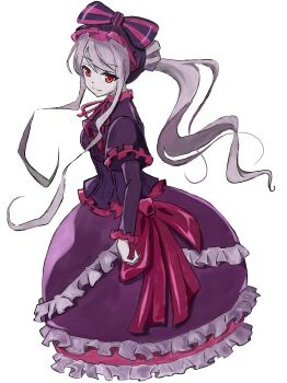 1girl absurdres amanotti_01 black_bonnet bonnet bow closed_mouth dot_nose dress fang fang_out frilled_dress frilled_sleeves frills from_side gothic_lolita grey_hair hair_bow highres hoop_skirt large_bow layered_dress layered_sleeves light_smile lolita_fashion long_dress long_hair long_sidelocks long_sleeves looking_back neck_ribbon overlord_(maruyama) pale_skin ponytail purple_dress red_eyes red_ribbon ribbon shalltear_bloodfallen short_over_long_sleeves short_sleeves side_part sidelocks simple_background solo split_mouth striped_bow very_long_hair very_long_sidelocks waist_ribbon white_background