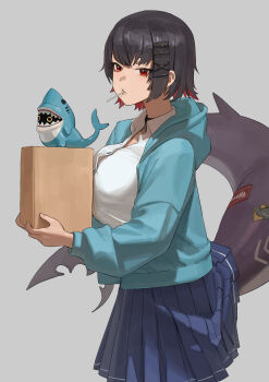 Rule 34 | 1girl, absurdres, aqua jacket, black hair, blue skirt, breast press, breasts, candy, colored inner hair, commentary request, cowboy shot, ellen joe, fins, fish tail, food, food in mouth, grey background, highres, holding, jacket, large breasts, lollipop, lollipop in mouth, looking at viewer, multicolored hair, pleated skirt, red eyes, sawashiman, shark tail, sharkboo (zenless zone zero), shirt, simple background, skirt, solo, tail, white shirt, zenless zone zero